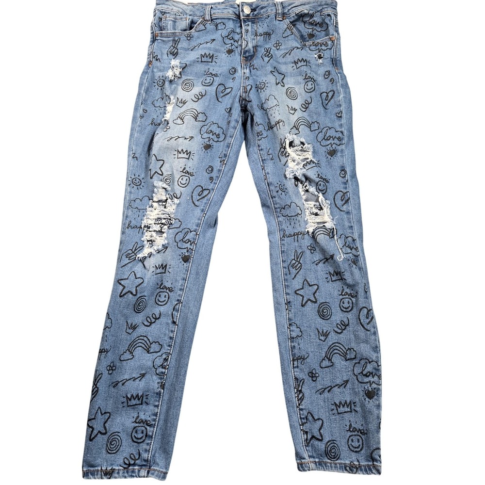 Almost Famous Jeans Juniors 13 Blue High Rise Skinny Distressed Doodle Print